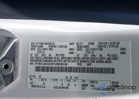 2015 Ford Escape Se из США, поврежденный, VIN 1FMCU0GX5FUB65639